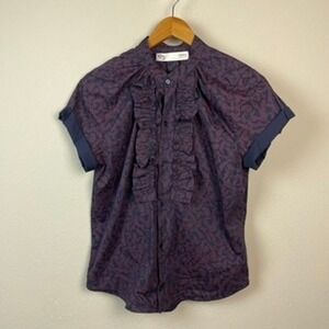 KMJ Kate McHale Jensen Paisley Ruffle Button Up Top Women XS Navy Burgundy USA